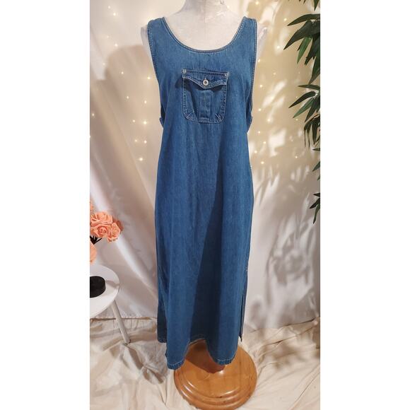 Vtg 90s Bill Blass Denim Daisy Tieback Maxi Overall Dress Size L Cottage Modest - Picture 1 of 10